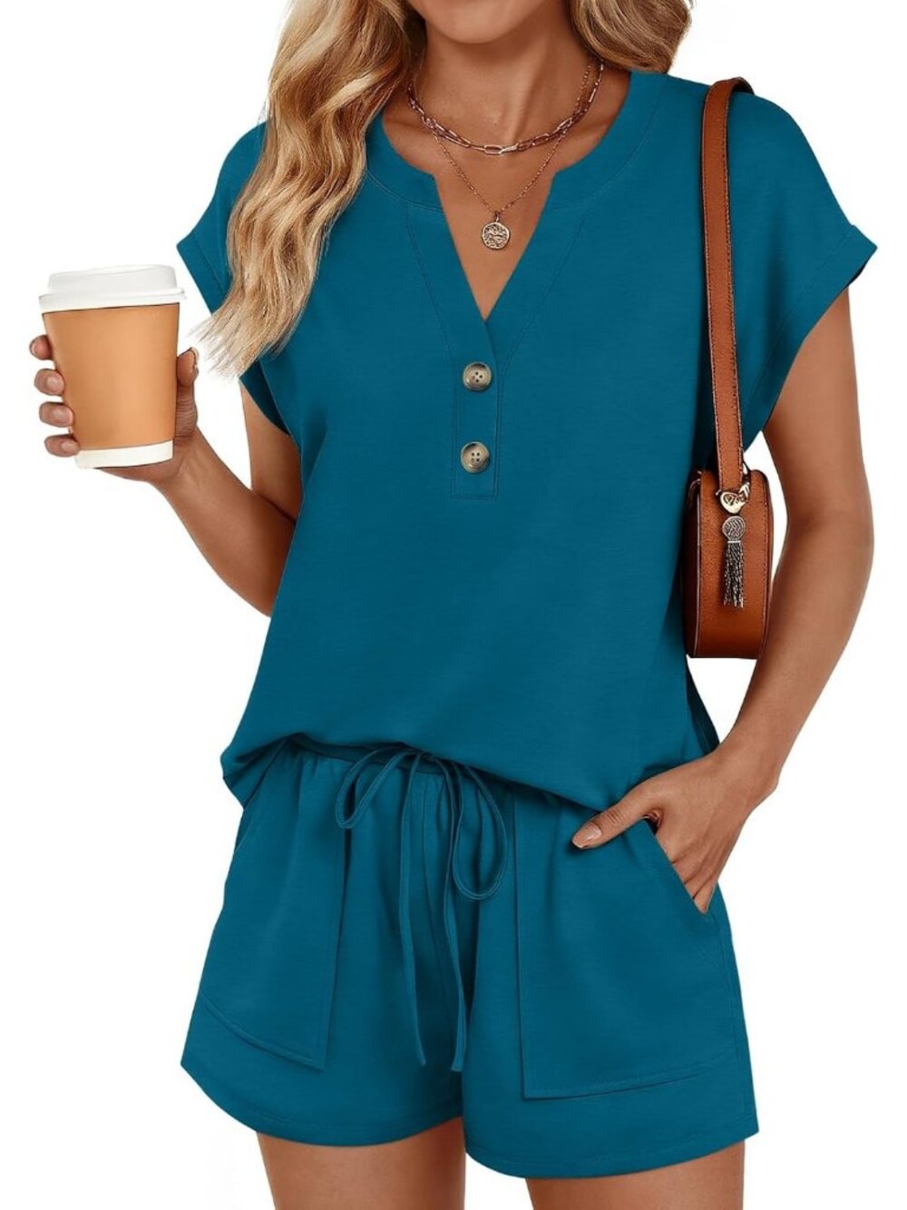 Women's Teal Pull On Shorts with Pockets 2 Piece Summer Set Drawstring Tops